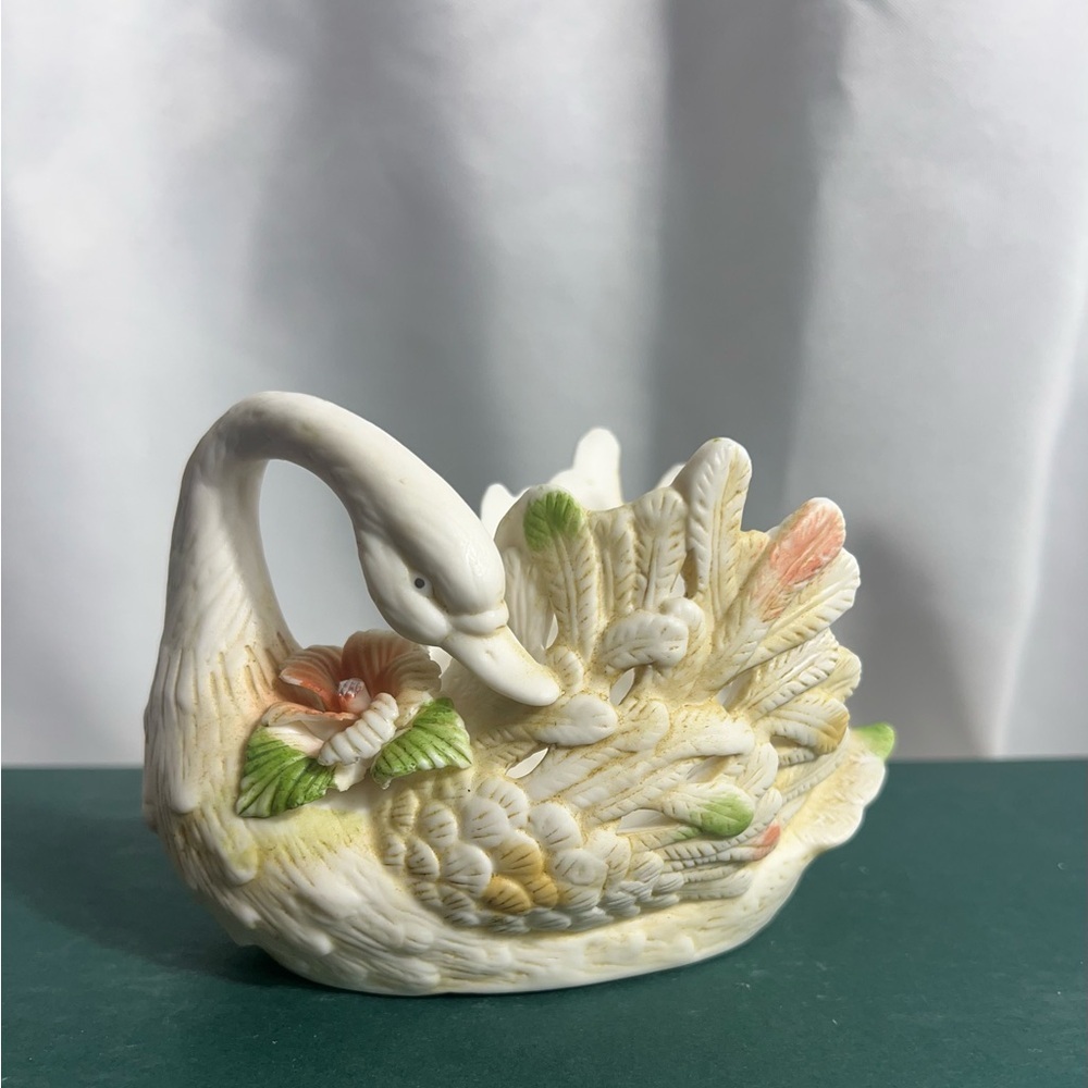 Vintage KS Collection Swan Ceramic Planter Vase Floral Pastel Detail 7x5”